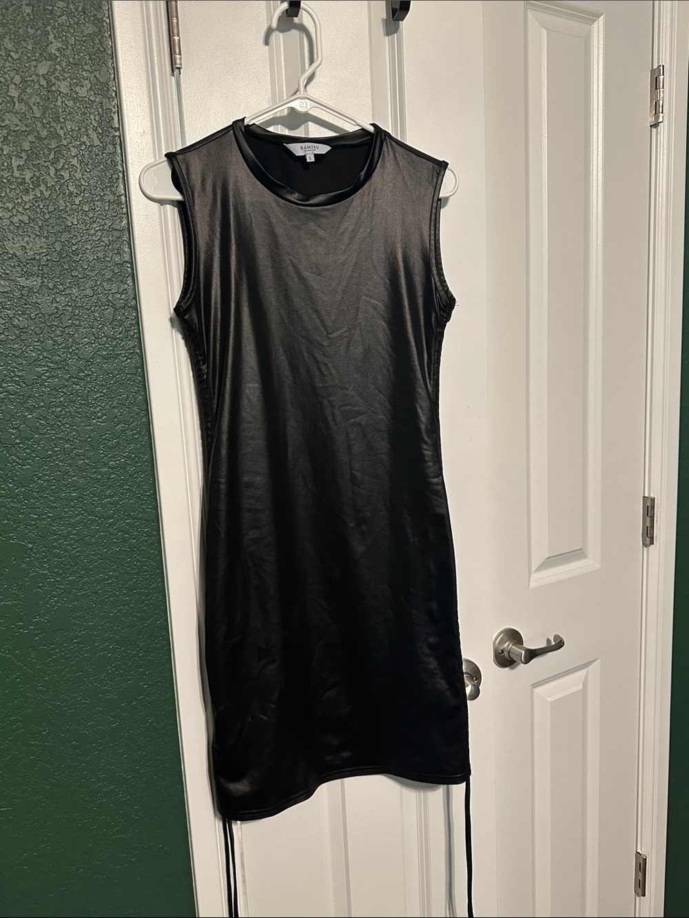 Amisu Black Faux-Leather Sleeveless Mini Dress with Side Ties